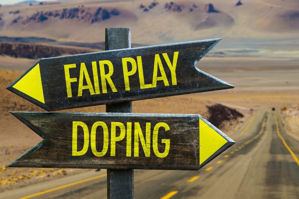 Sign with two arrows pointing opposite directions (Fair Play and Doping).