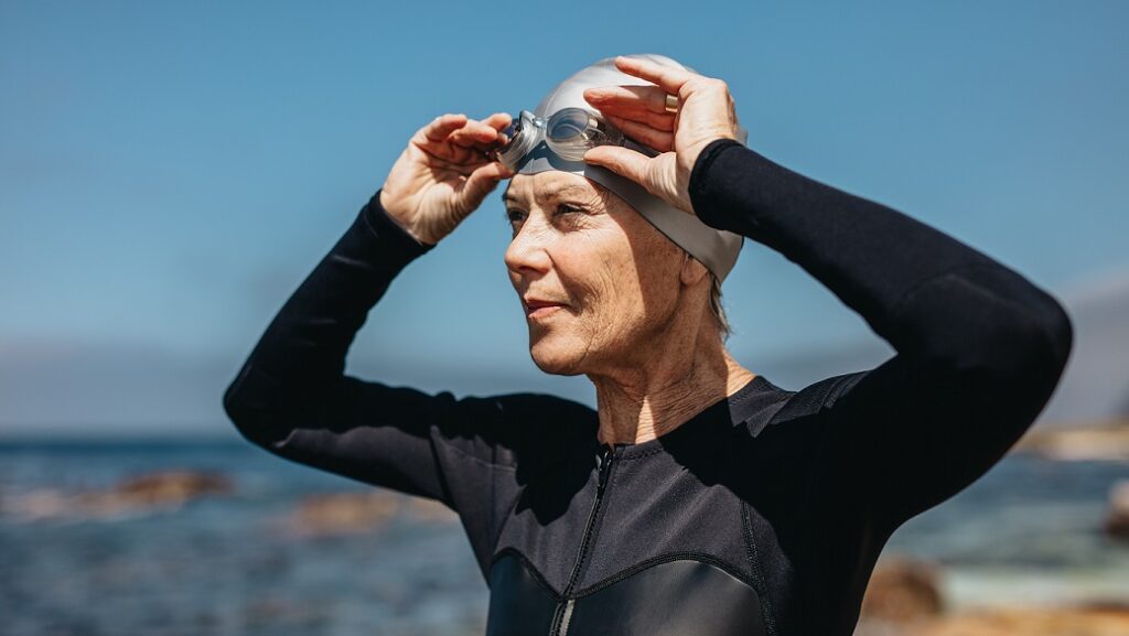 Older Athlete Prepares for open water swim