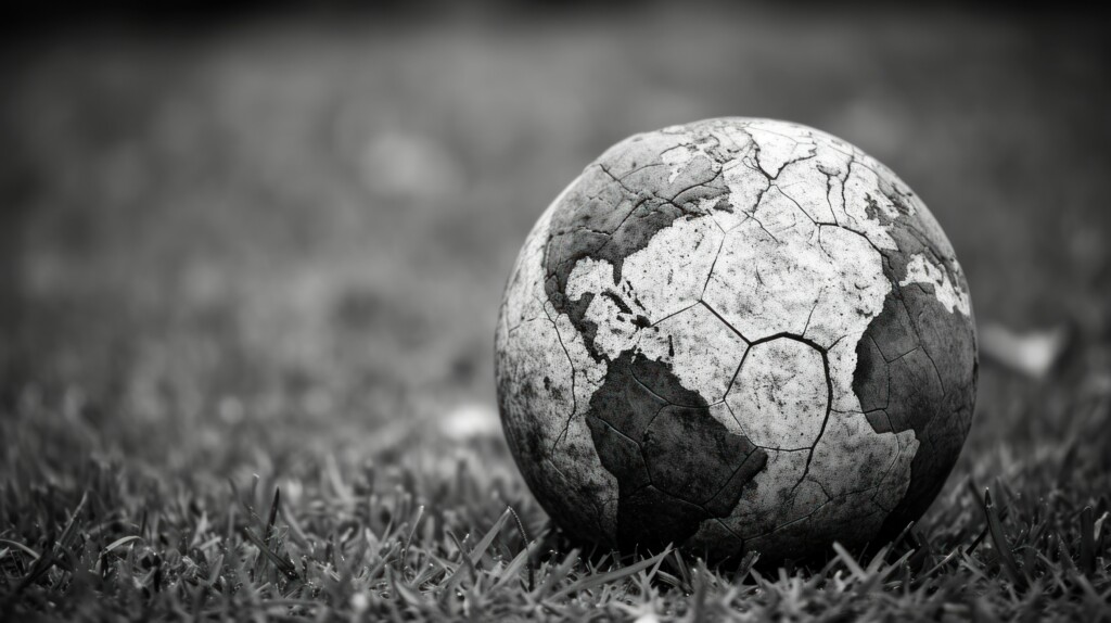 Worn cracked Ball Earth Globe on grass in black and white to symbolize global climate change crisis.